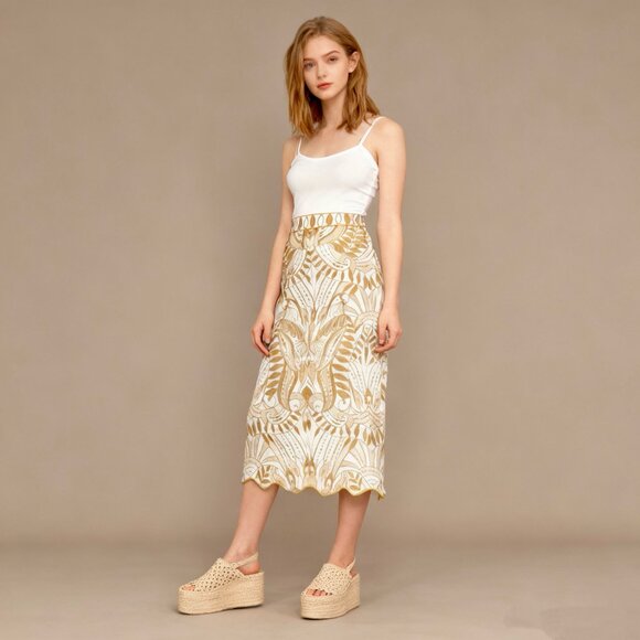 NWOT Farm Rio Midi Skirt Off-White/Beige Lace Nature Wavy Hem Linen Size S - Picture 1 of 12